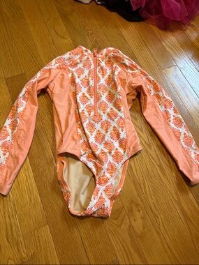Cabana Life Kids One-Piece Long Sleeve Swim Suit in Peach and White